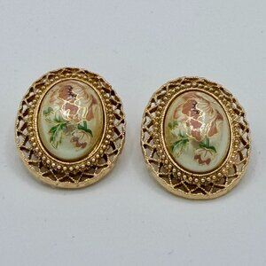 Vintage Floral Cabochon Clip-On Earrings | Gold Tone Filigree Roman